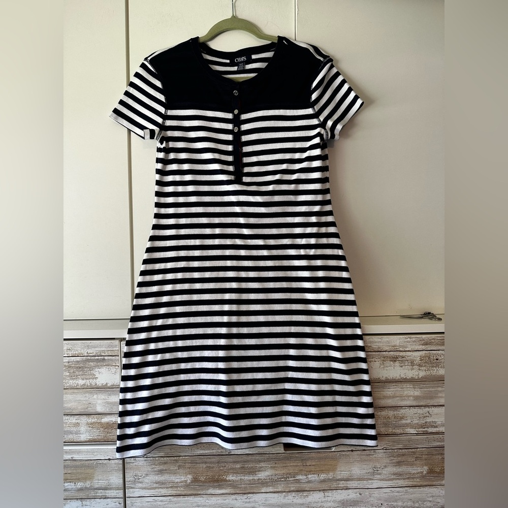 ⚓ Chaps Navy White Striped A-Line Dress Medium Nautical Chic